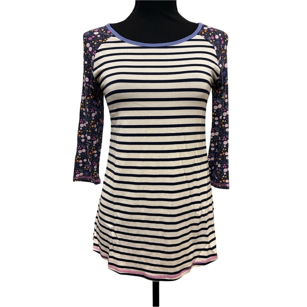 Matilda Jane Heartbeat Navy & White Striped Floral Raglan Top Size S